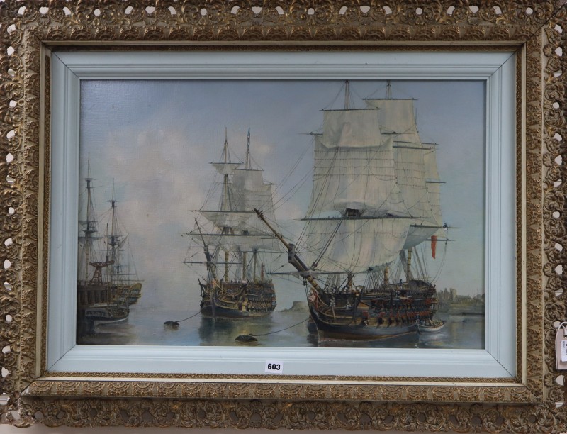 *Abbott, oil on canvas, Warships at anchor, signed, 48 x 73cm